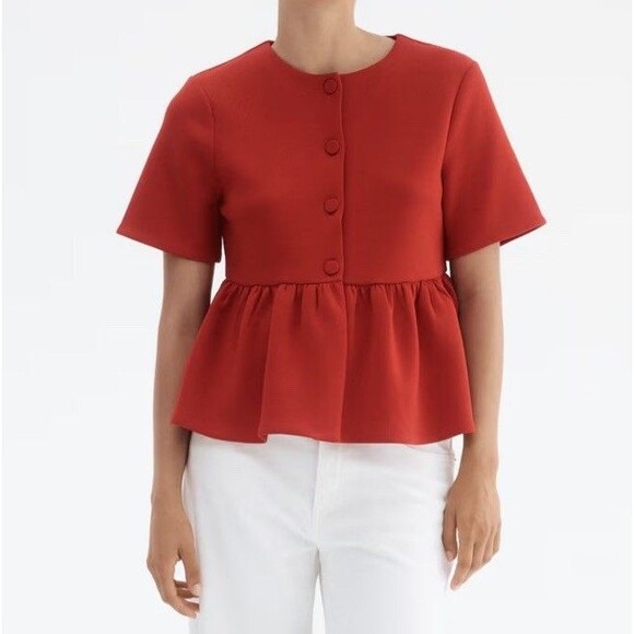 H&M Scuba Peplum Holiday Red Festive Button Down Blazer Top Size Medium - Picture 1 of 8